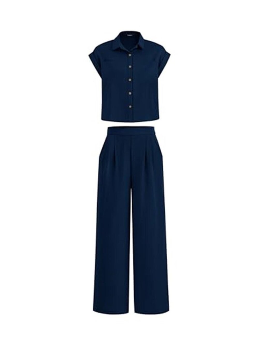 Womens 2 Piece Set Cap Sleeve Crop Top Wide Leg Palazzo Pants Summer Navy Blue